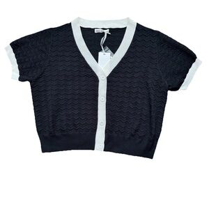 Grace Karin 2XL Black White Short Sleeve Cardigan Open Knit Sweater Preppy NWT